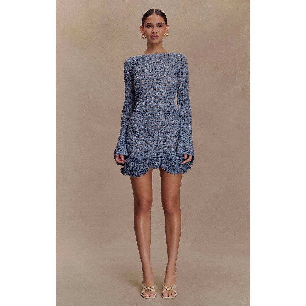 Meshki NWT Aileen Ruffle Crochet Mini Dress in Steel Blue Size XS Longsleeve